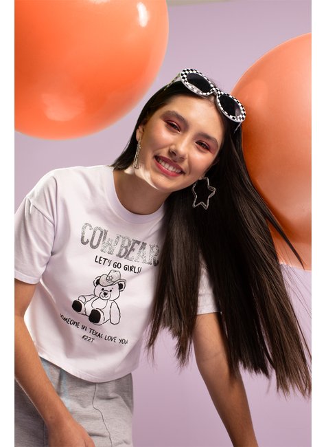 02 t shirt cowbear rezzato teen feminino